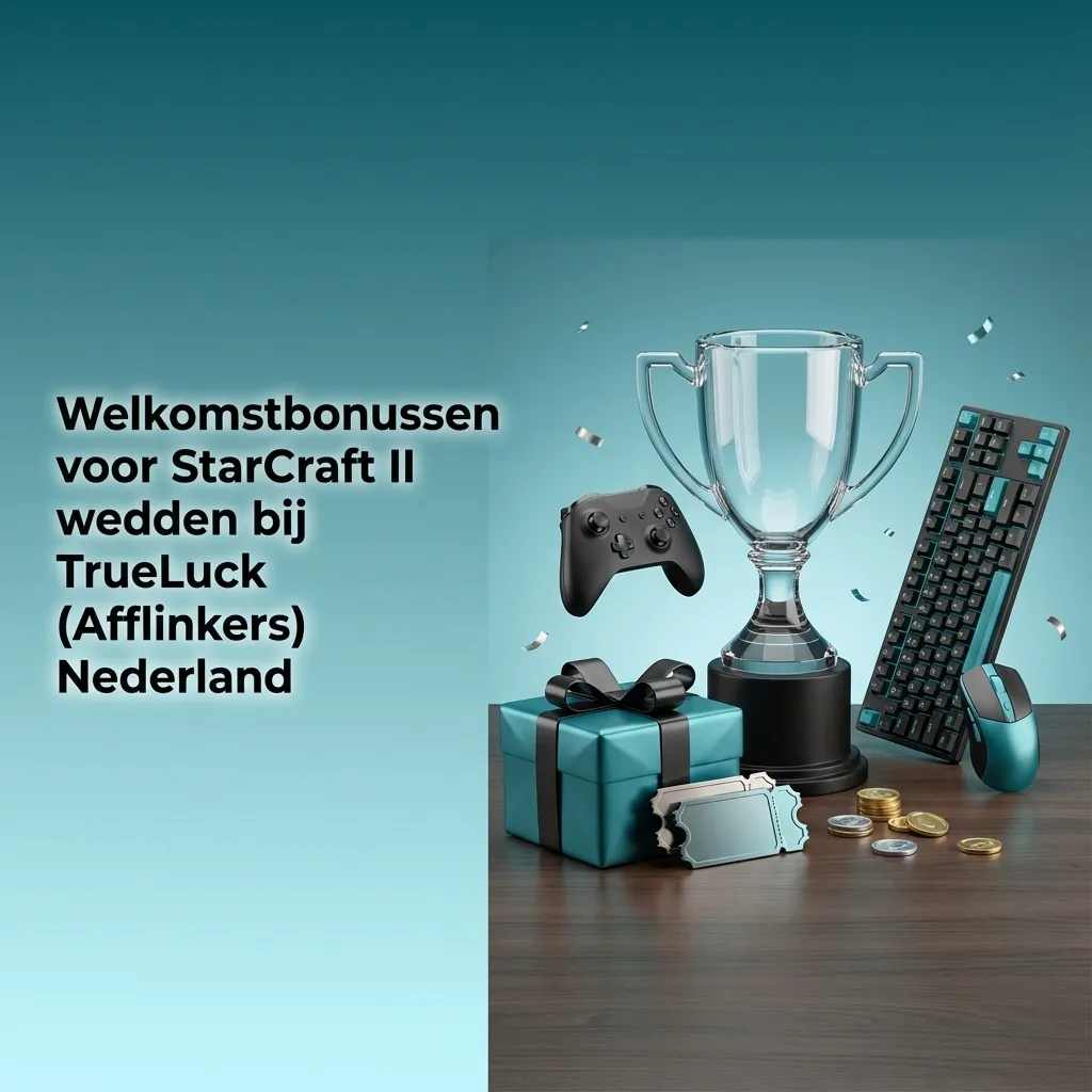 Banner met StarCraft II artwork en tekst over TrueLuck welkomstbonus tot €4.000, gratis spins en esports wedden Nederland