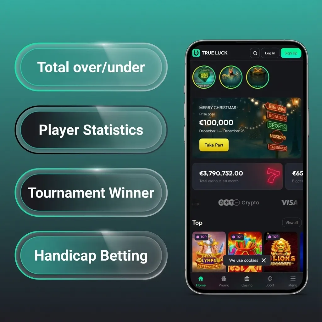 Screenshot der TrueLuck (Afflinkers) App mit verschiedenen Wettarten wie Einzel-, Kombi-, System-, Live- und Langzeitwetten