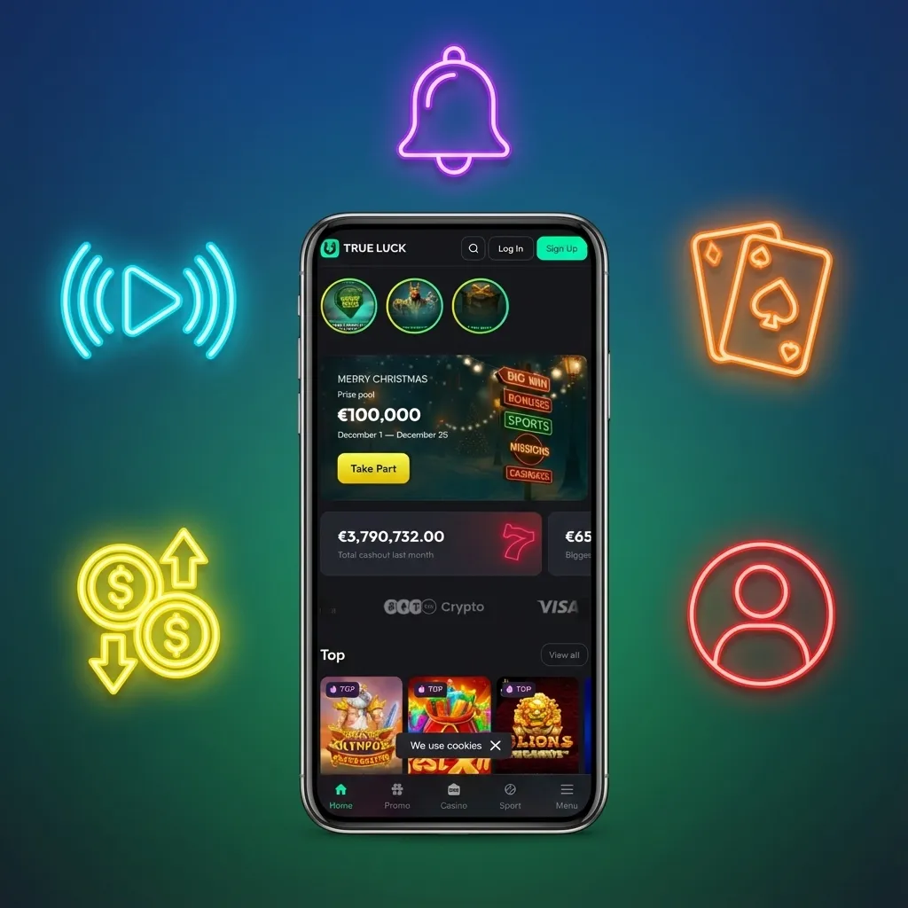 Smartphone mit TrueLuck (Afflinkers) PWA-Oberfläche für Casino- und Sportwetten, Konto- und Bonusverwaltung mobil