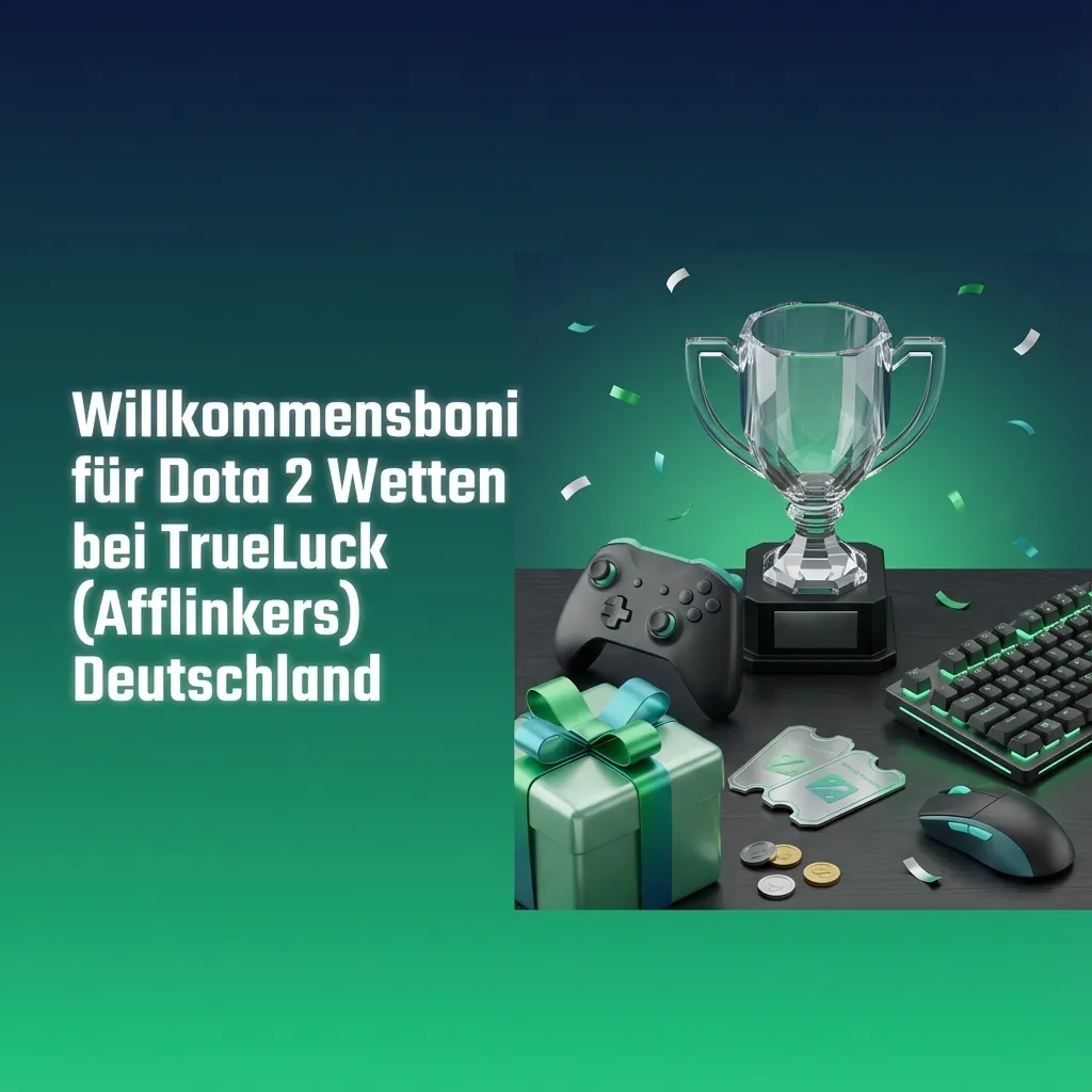 Banner mit TrueLuck Willkommensbonus für Dota 2 Wetten in Deutschland, zeigt Bonusbeträge und Schritte zur Bonusaktivierung