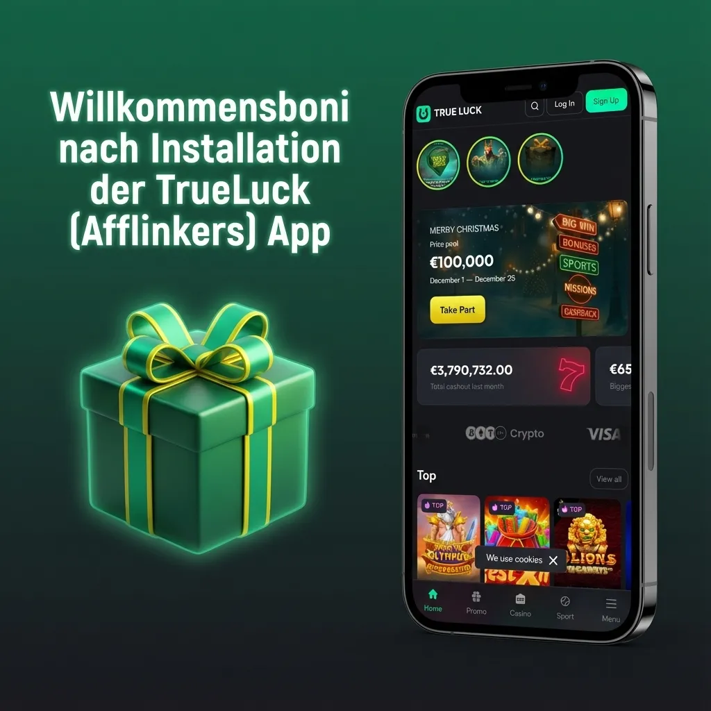 Smartphone mit TrueLuck (Afflinkers) App, Casino-, Live-Casino- und Sportwetten-Willkommensboni übersichtlich dargestellt