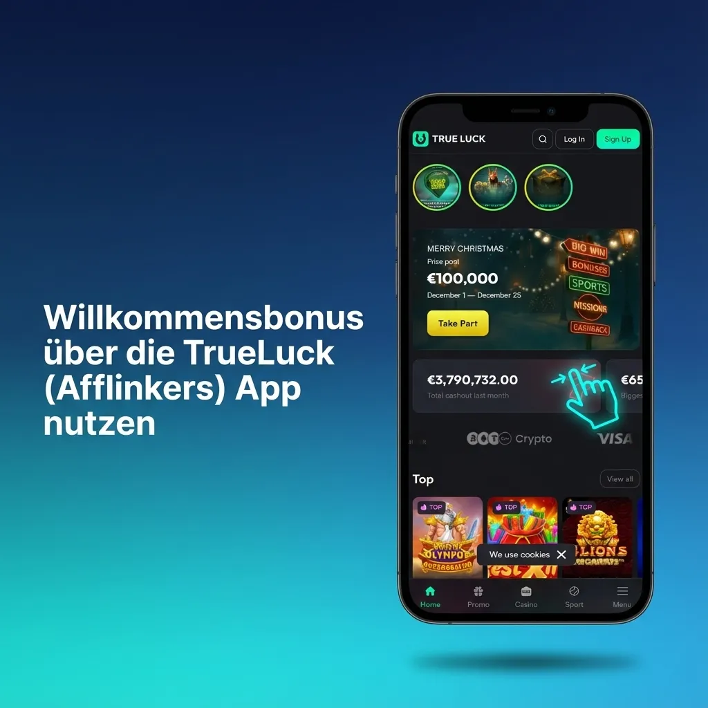 Smartphone mit geöffneter TrueLuck App, Nutzer aktiviert Willkommensbonus und zahlt ein, Symbole für Slots und Sportwetten sichtbar.