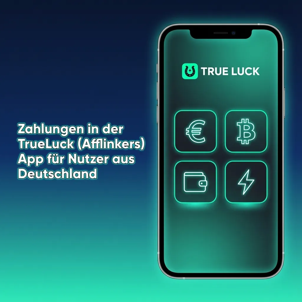 Smartphone zeigt TrueLuck Afflinkers App mit Zahlungsoptionen für deutsche Nutzer: Banken, Karten, Apple Pay, Google Pay, Krypto
