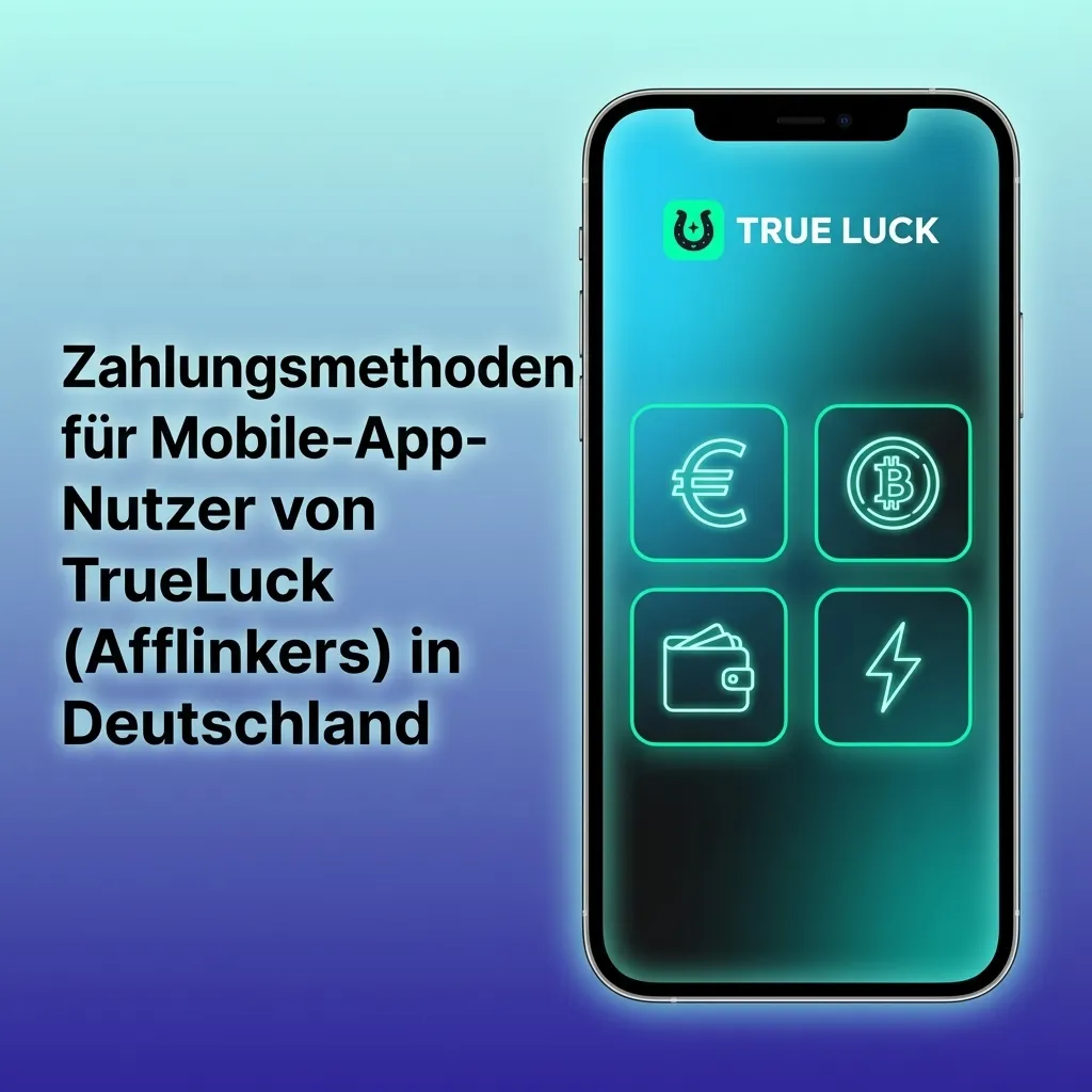 Smartphone-Screen mit TrueLuck-App und Icons für Visa, Mastercard, Klarna, Bank, E-Wallets und Paysafecard in Euro