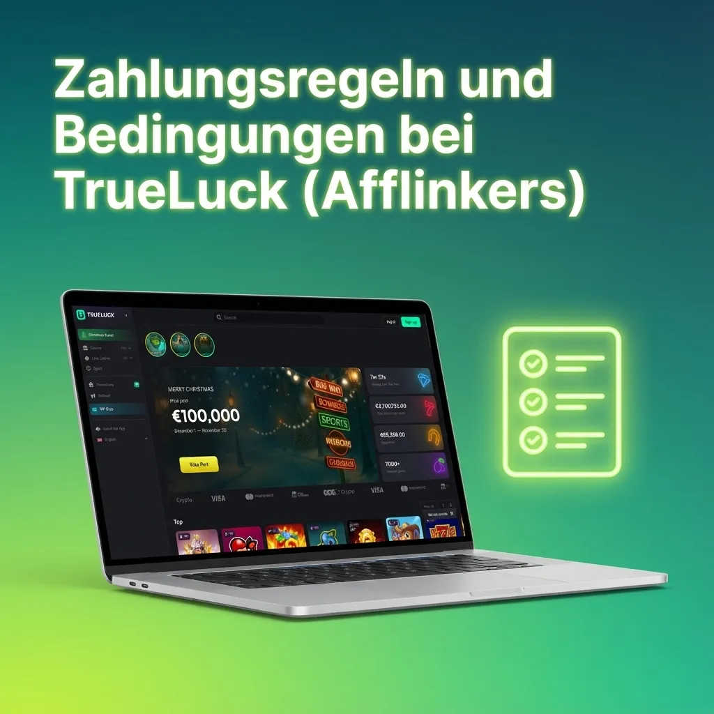 Infografik zu TrueLuck Zahlungsregeln: KYC-Prüfung, gleiche Zahlungsart, Limits, Bonusbedingungen und echte Kundendaten