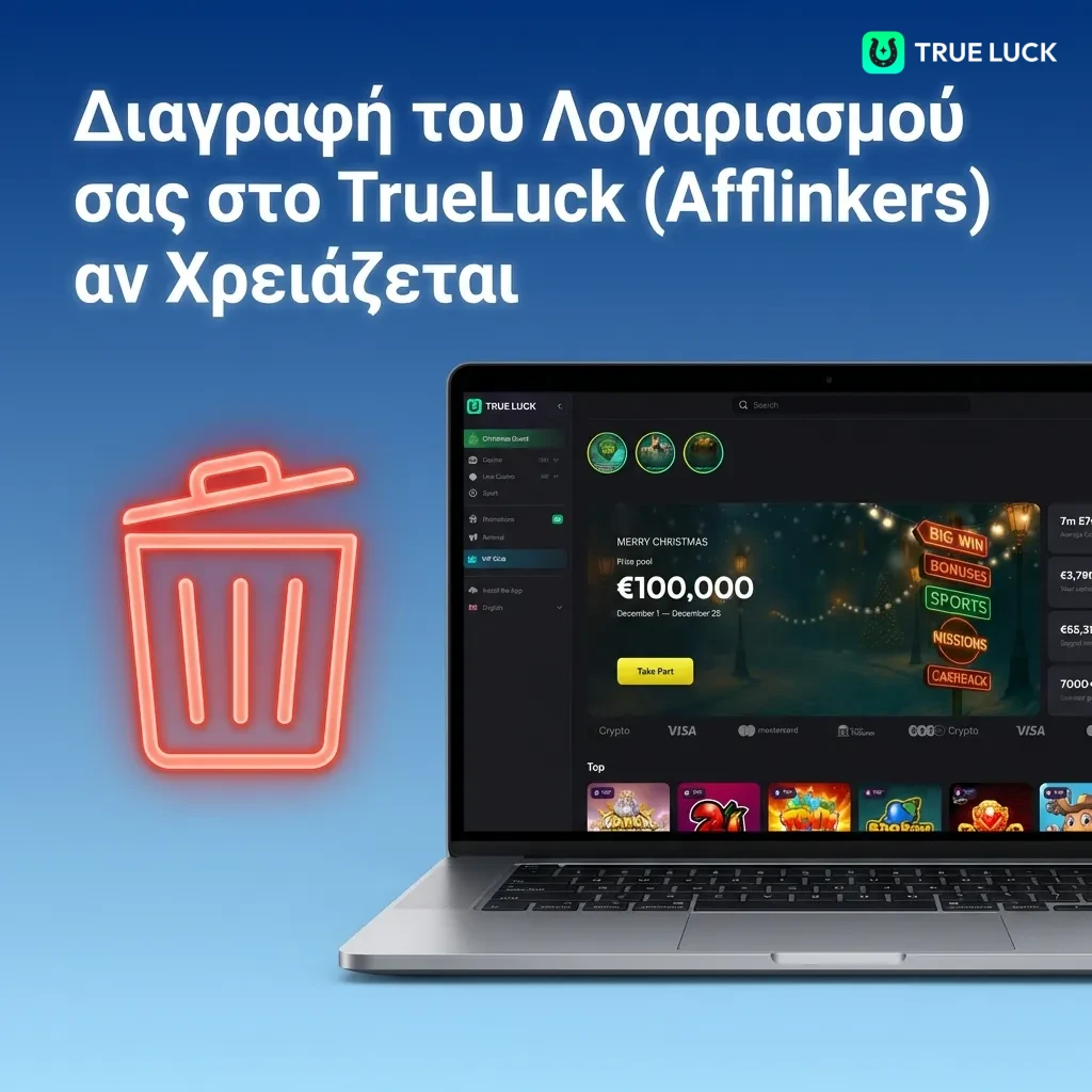 TrueLuck account deletion process shown with step-by-step instructions for closing gaming platform account