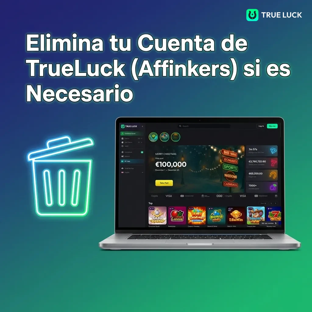 TrueLuck account deletion process showing support contact, identity verification, balance withdrawal, and confirmation steps