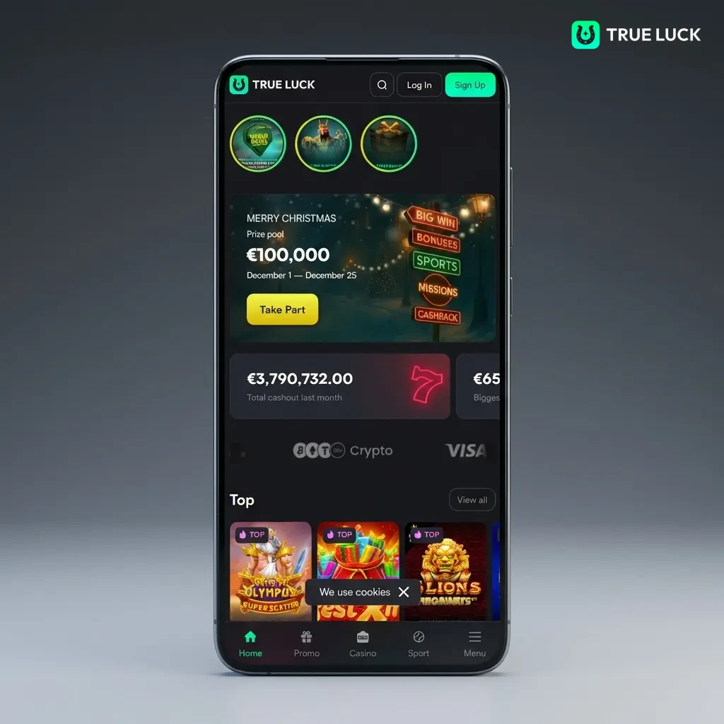 Interfaz móvil de TrueLuck mostrando menús de deportes, casino, en vivo y promociones en la parte inferior de la pantalla