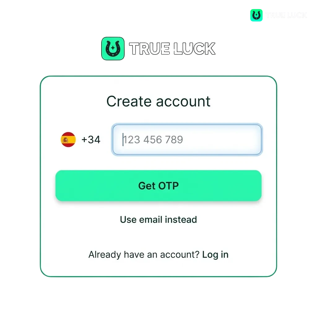 TrueLuck registration, login and verification process for Spanish casino and sports betting platform interface