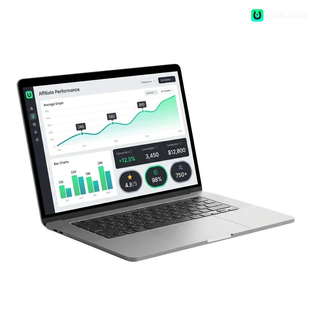 TrueLuck affiliate program dashboard showing commission rates and promotional tools for iGaming partners