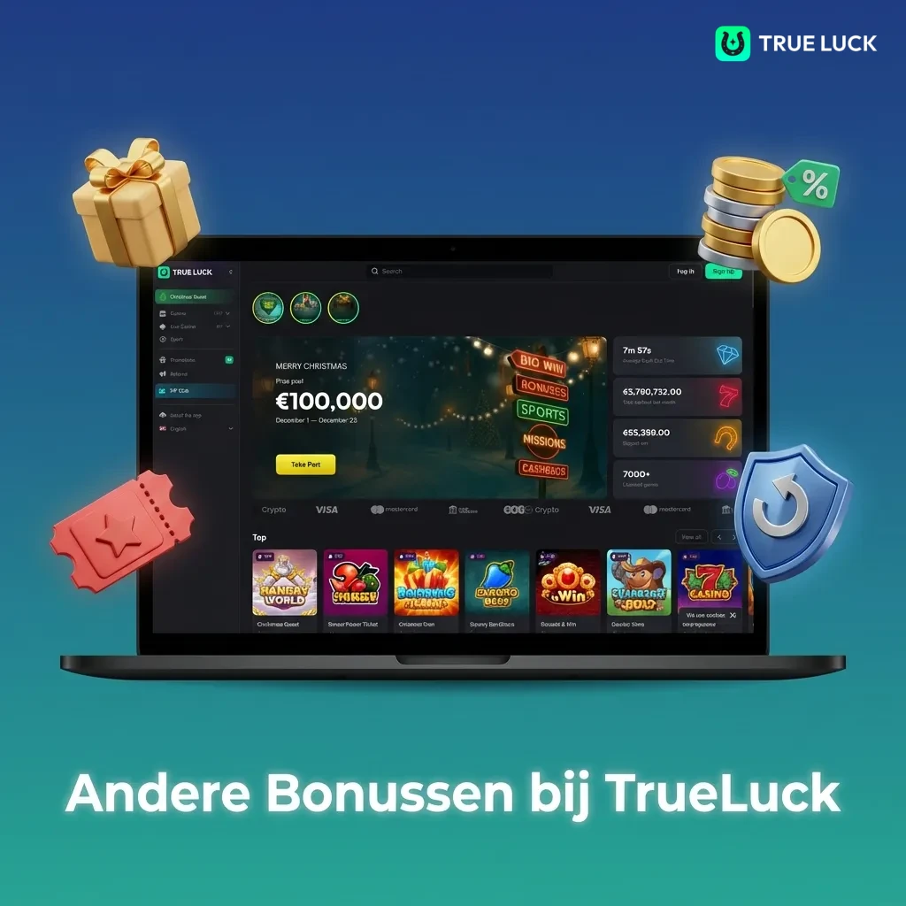 TrueLuck casino bonus options including weekly reload, cashback program, VIP loyalty, free spins, and referral bonuses