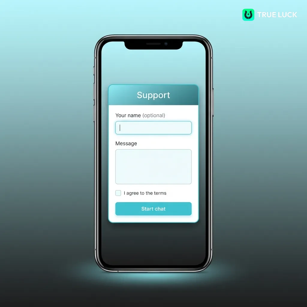 TrueLuck customer support contact methods table showing 24/7 availability via live chat, email, web form, and FAQ