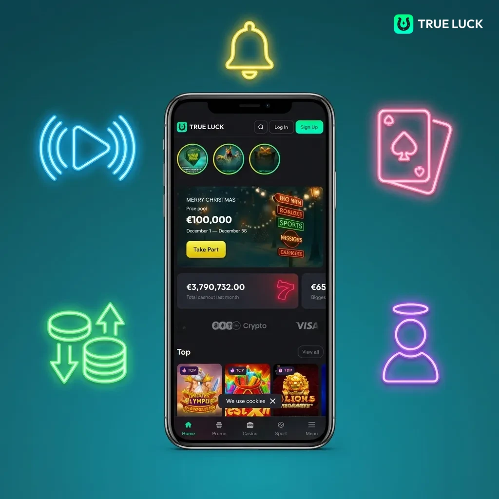 TrueLuck mobiele app interface met iDEAL betaling, casino spellen en sportweddenschappen voor Nederlandse gebruikers