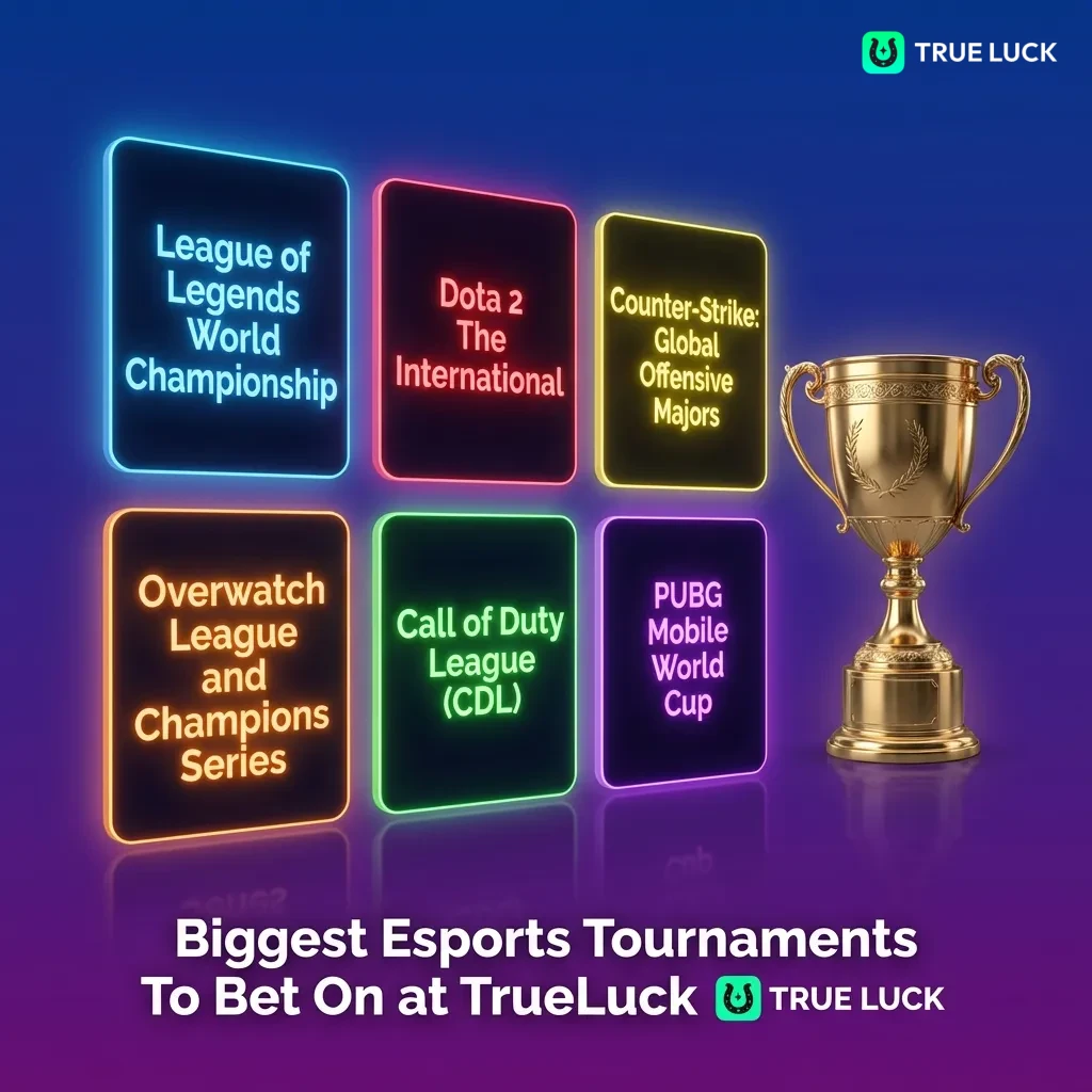 Table showing major esports tournaments for betting including Dota 2, CS2, League of Legends, Valorant, and other popular games