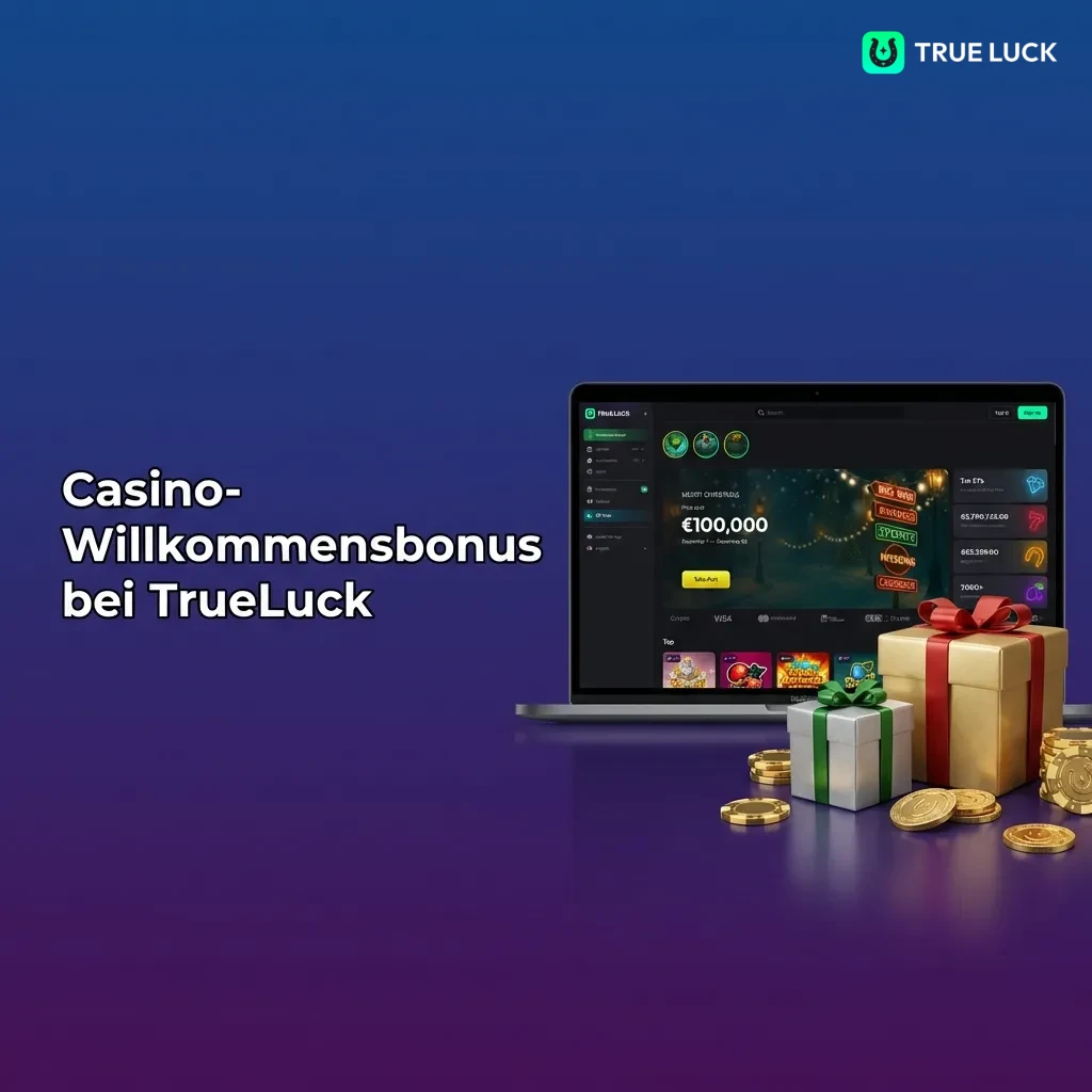 TrueLuck Casino welcome bonus offering 250% up to €2,000 for live casino, plus slots and sports betting bonuses