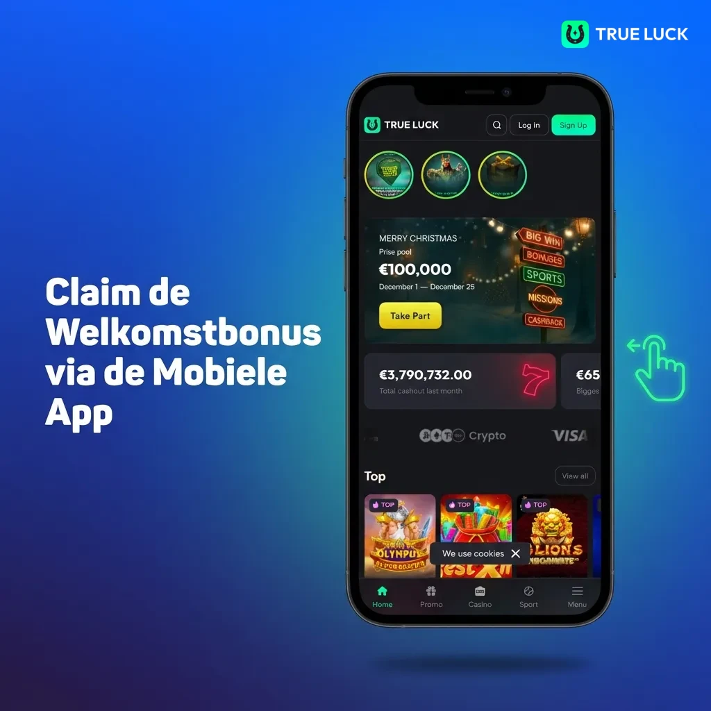 TrueLuck mobiele app interface met bonussen menu en stortingsopties voor iOS en Android gebruikers