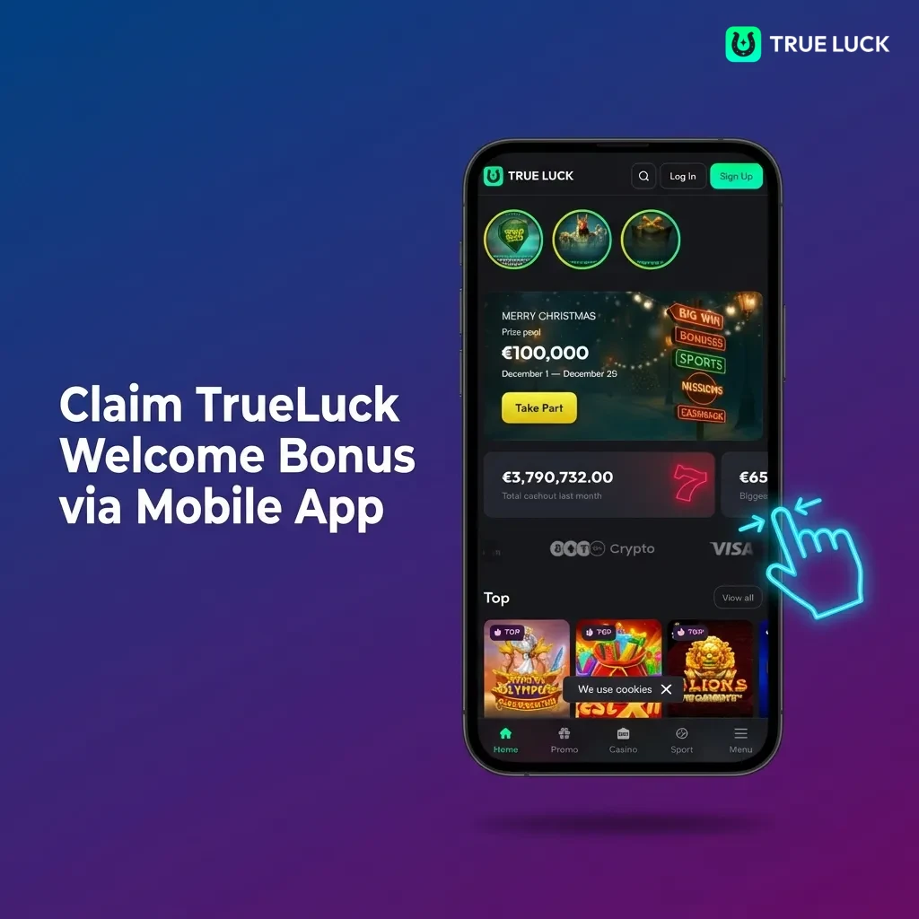 TrueLuck mobile app showing welcome bonus registration process on smartphone screen with deposit and bonus credit steps