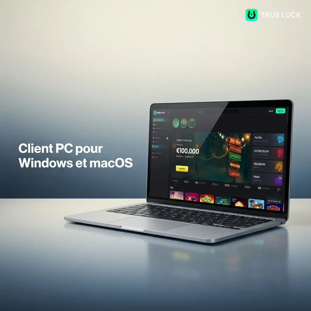 TrueLuck web interface on desktop browser showing gaming platform accessible on Windows and macOS without download