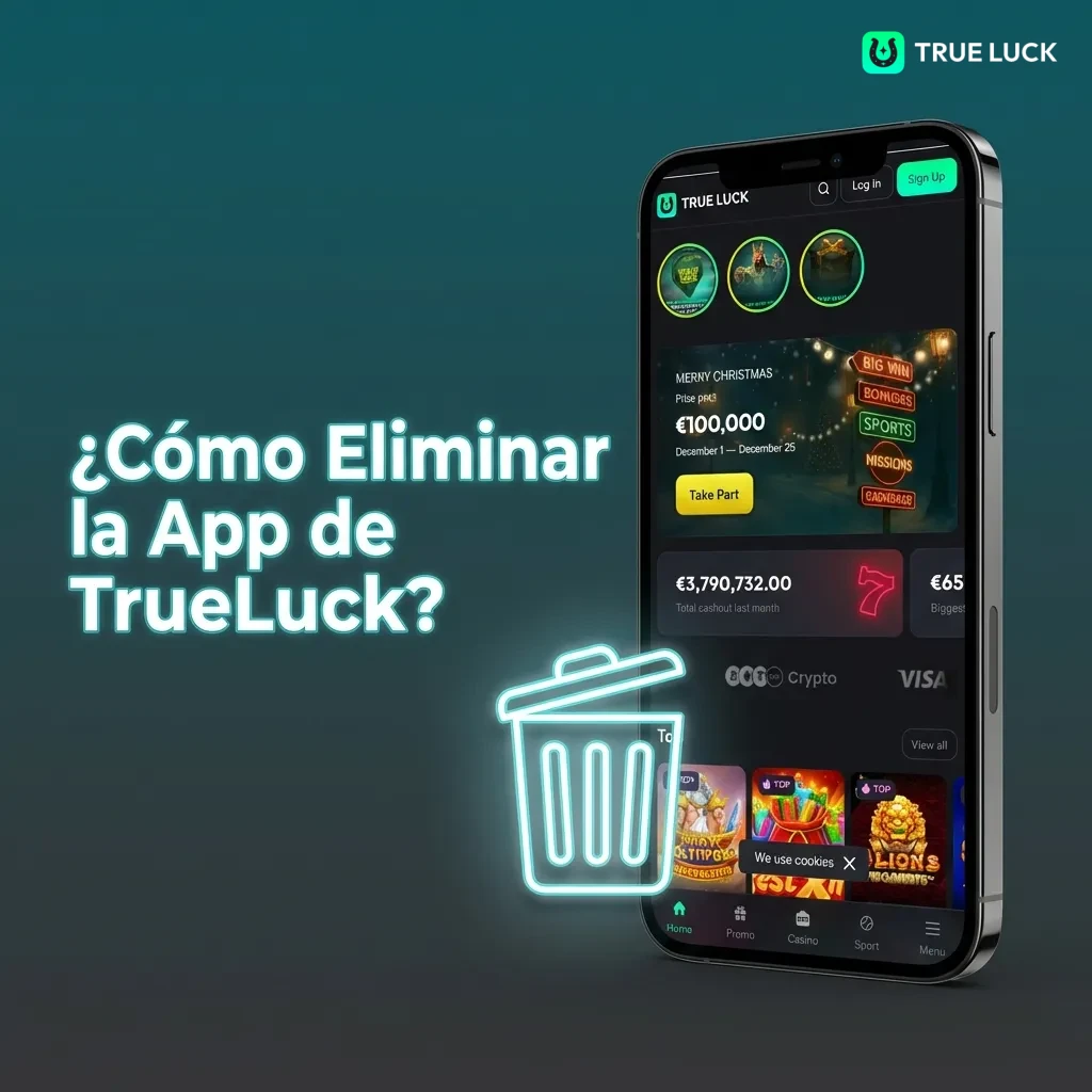 Smartphone screen showing TrueLuck app uninstall process with settings menu and delete options on Android and iOS devices