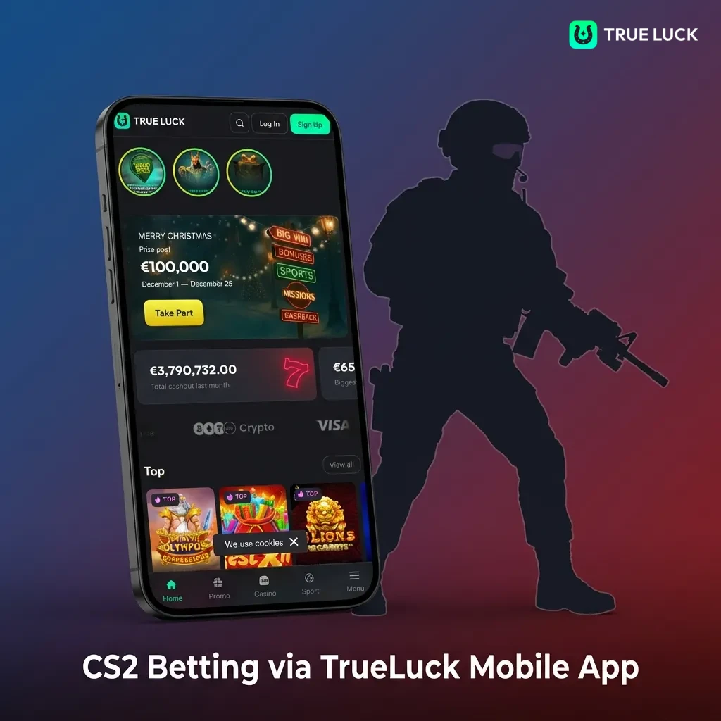 TrueLuck mobile app interface showing CS2 betting options and navigation menu for placing esports bets on smartphones
