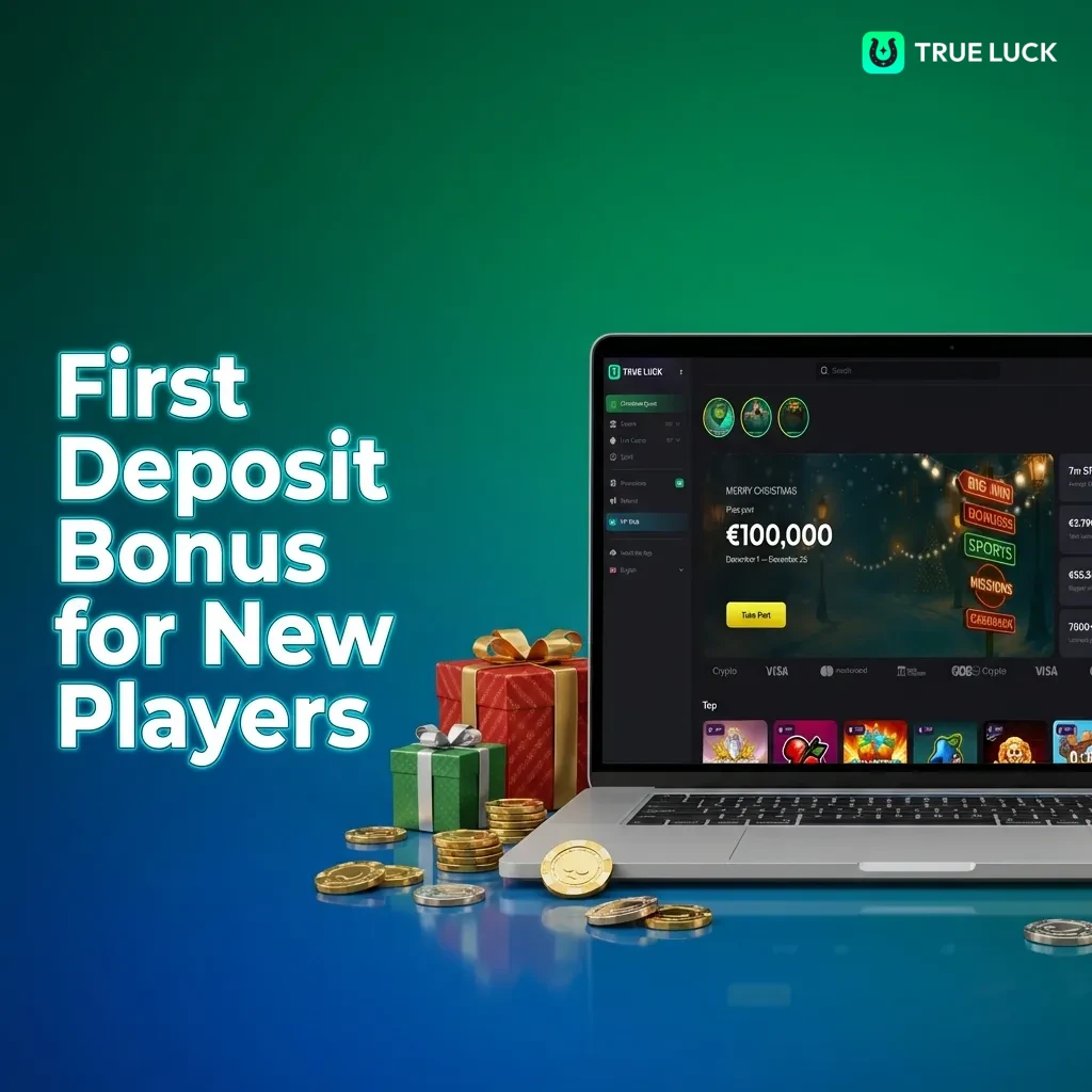 TrueLuck welcome bonus options displayed: 250% slots bonus up to €4,000, live casino bonus up to €2,000, sports betting offer