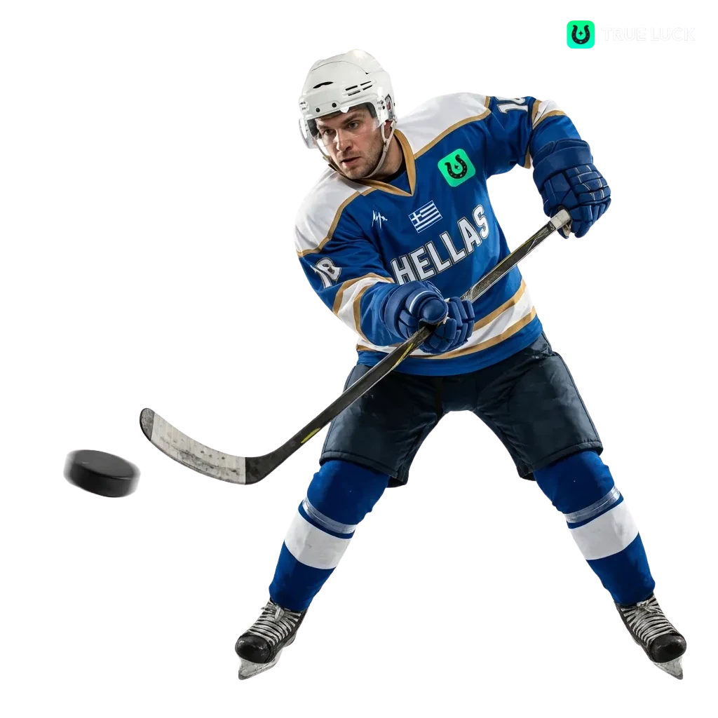 TrueLuck ice hockey betting platform showing NHL and KHL games with live odds and welcome bonus for Greek players
