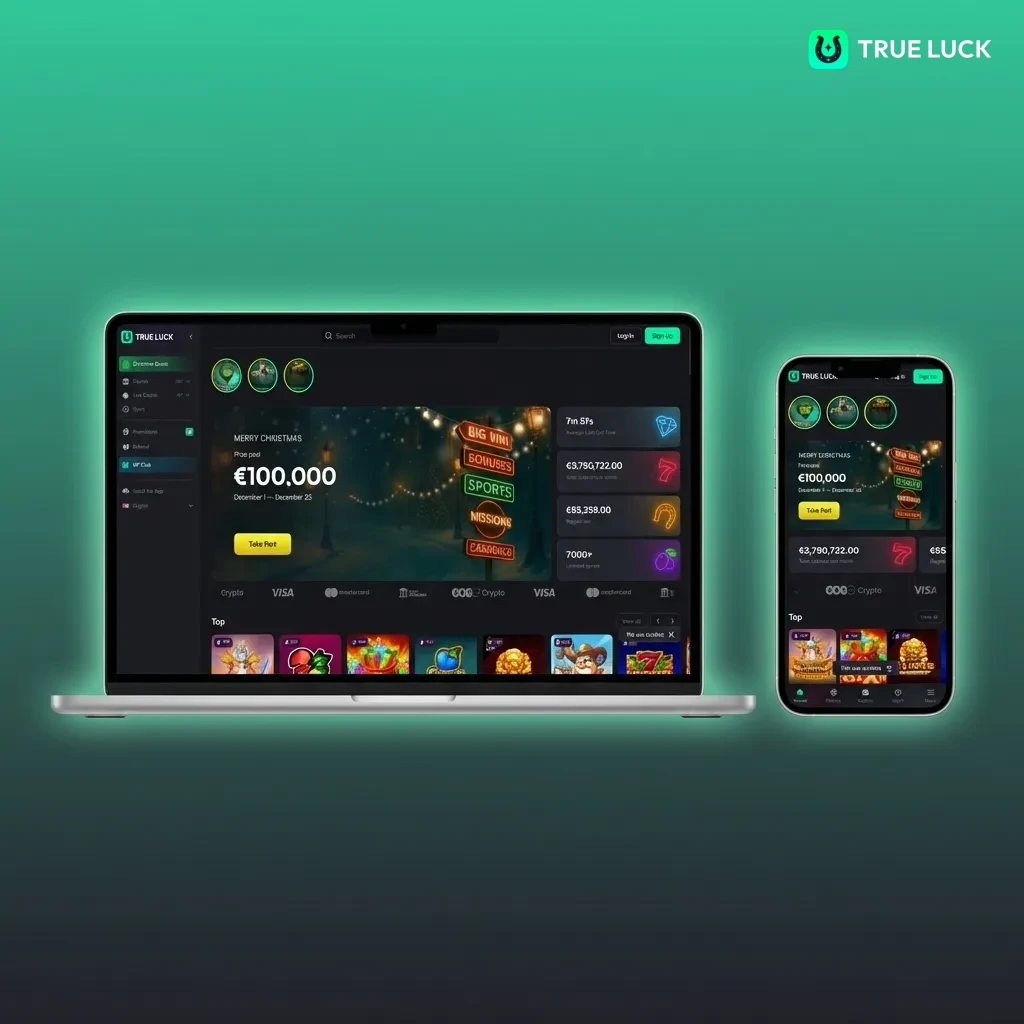 TrueLuck website interface met navigatiebalk voor sportweddenschappen, casino, live dealer games en promoties