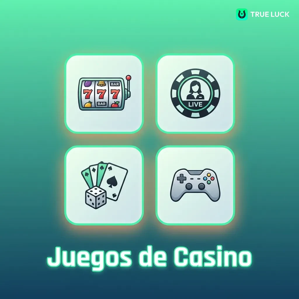 Catálogo de casino con tragamonedas, ruleta, blackjack, baccarat, póker y juegos en vivo con crupieres profesionales.