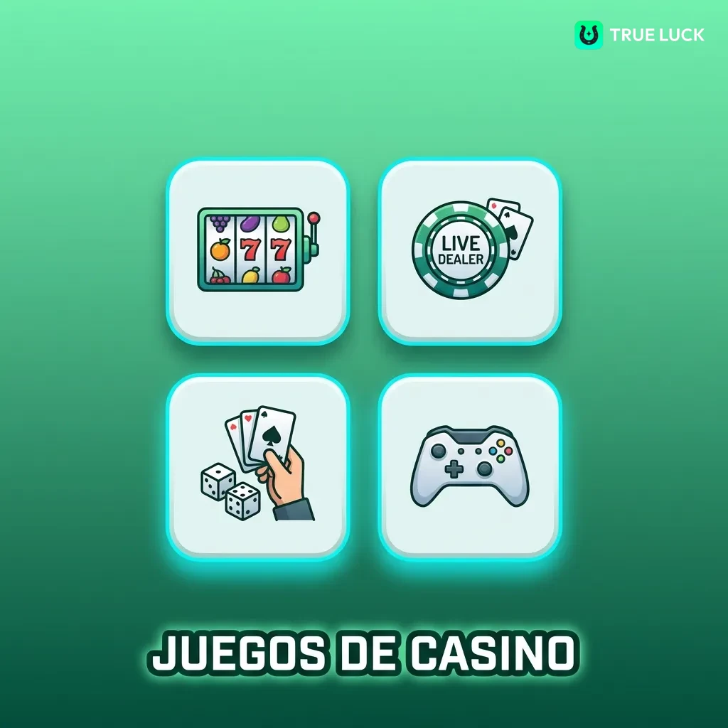 Catálogo de juegos de casino con tragamonedas, ruleta, blackjack, baccarat, póker y casino en vivo con crupieres