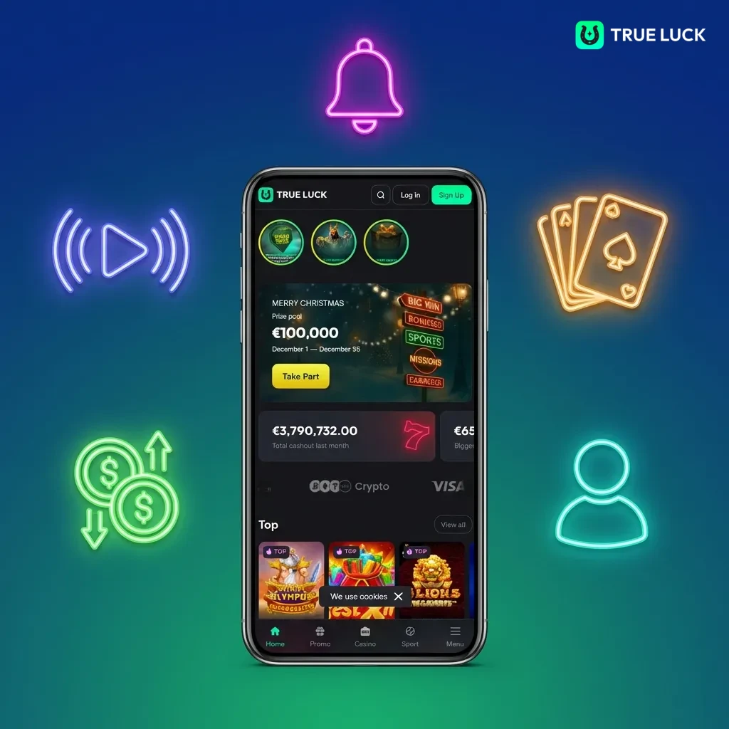 TrueLuck mobile app interface showing game library, payment options, and bonuses for Irish players
