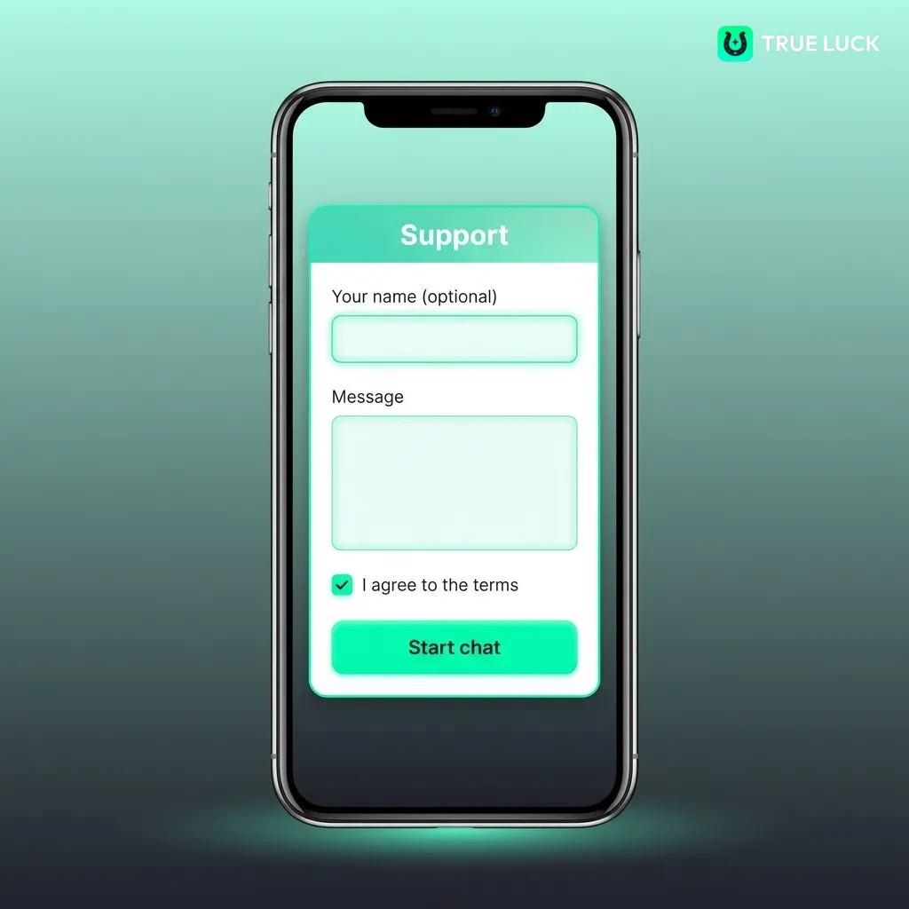 TrueLuck 24/7 customer support options: live chat, email, and FAQ with response times displayed in a table