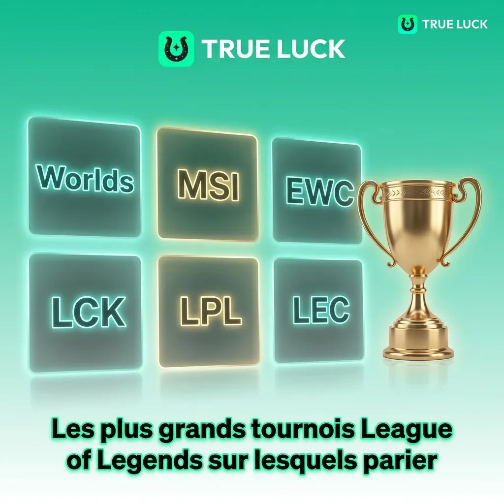 League of Legends tournament logos including Worlds, MSI, EWC, LEC, LCK, and LPL championships for esports betting