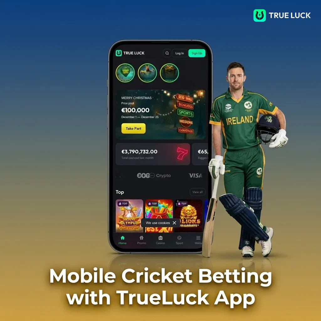 TrueLuck mobile app interface showing cricket betting options and markets on smartphone screen