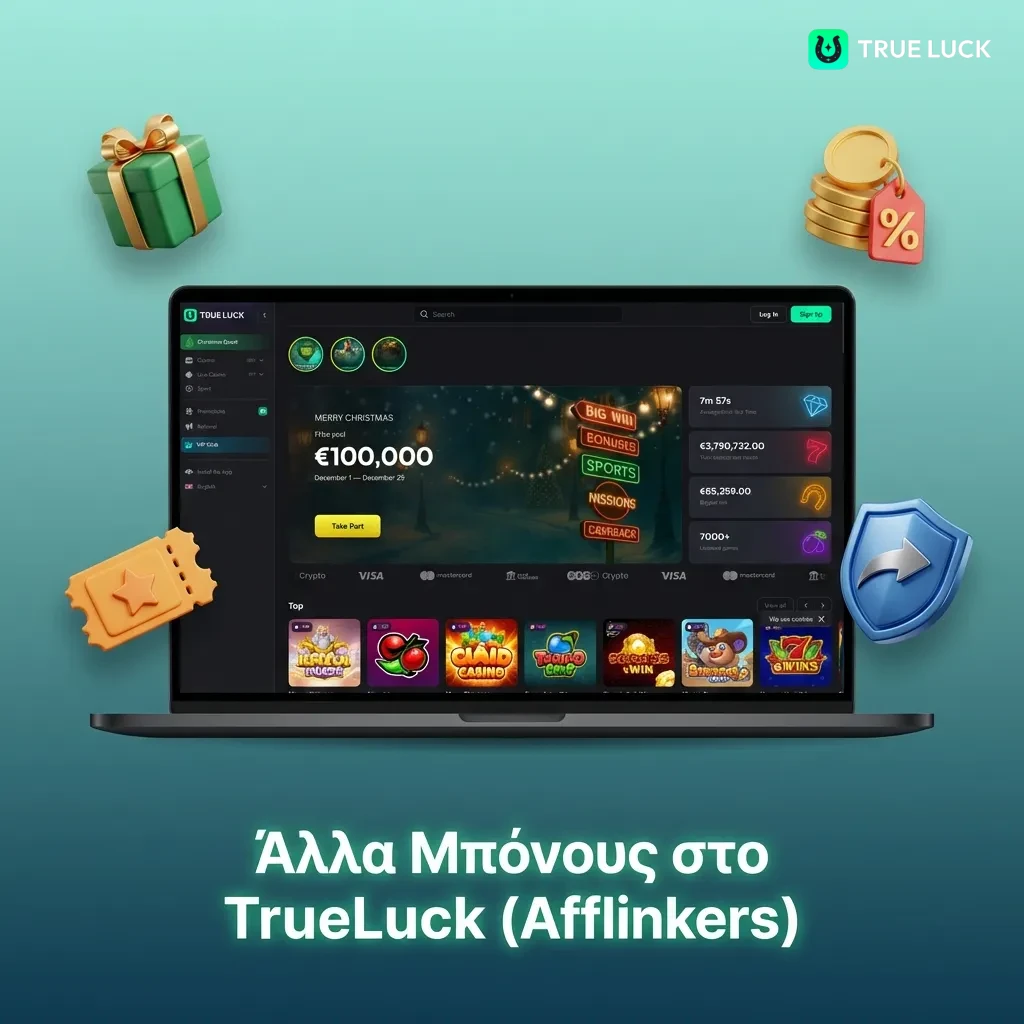 TrueLuck casino bonus offers including reload bonuses, free spins, cashback, VIP program, and referral rewards for players
