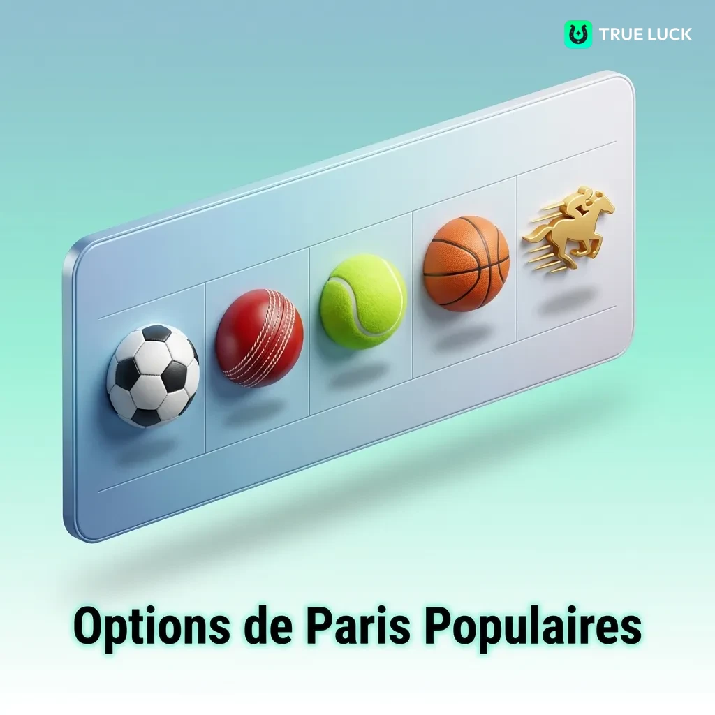 Illustration des options de paris TrueLuck: Multi Live, Ligne Prematch, et Paris Combinés avec icônes de sports