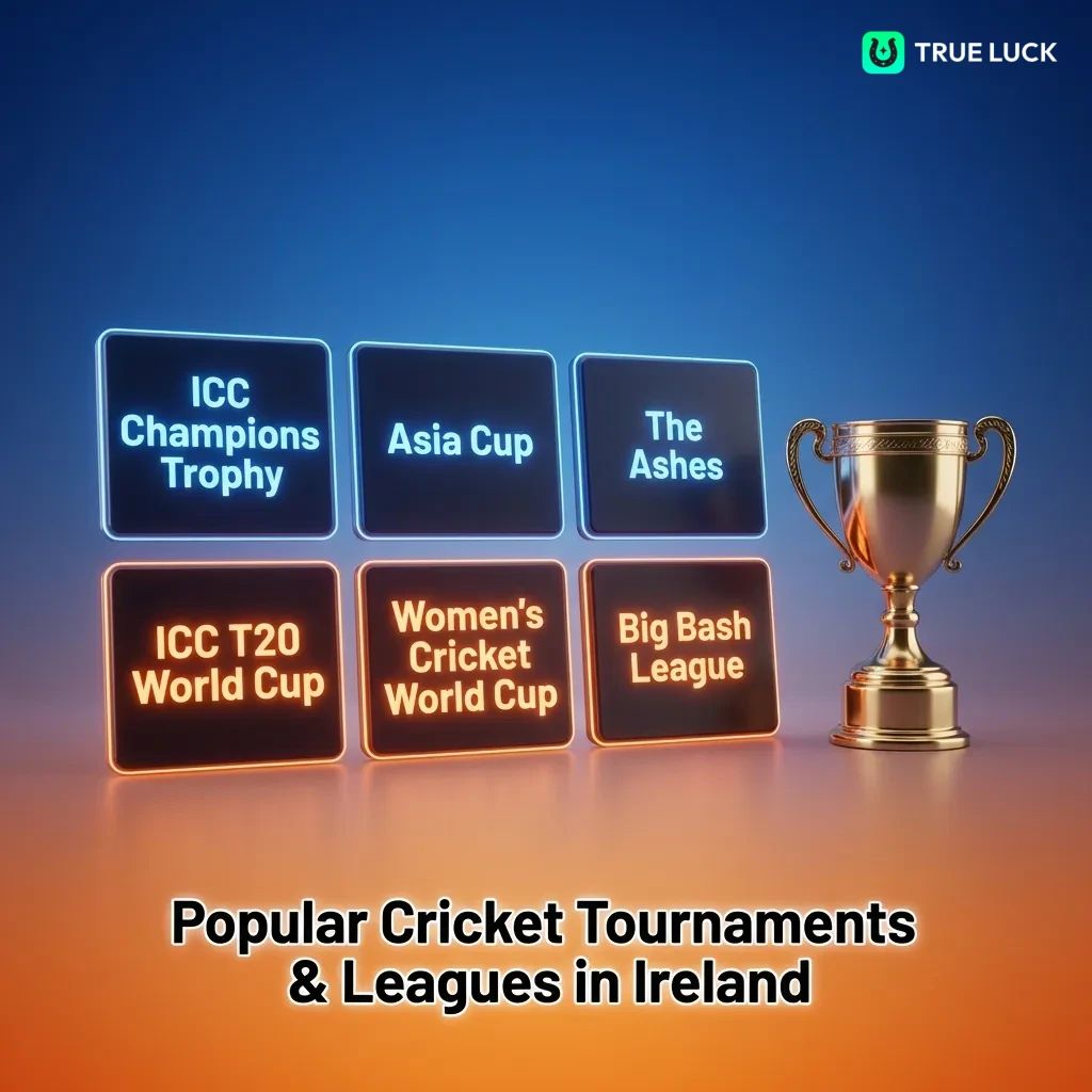 Cricket tournaments display showing ICC World Cup, T20 World Cup, The Ashes, IPL, and Big Bash League competitions