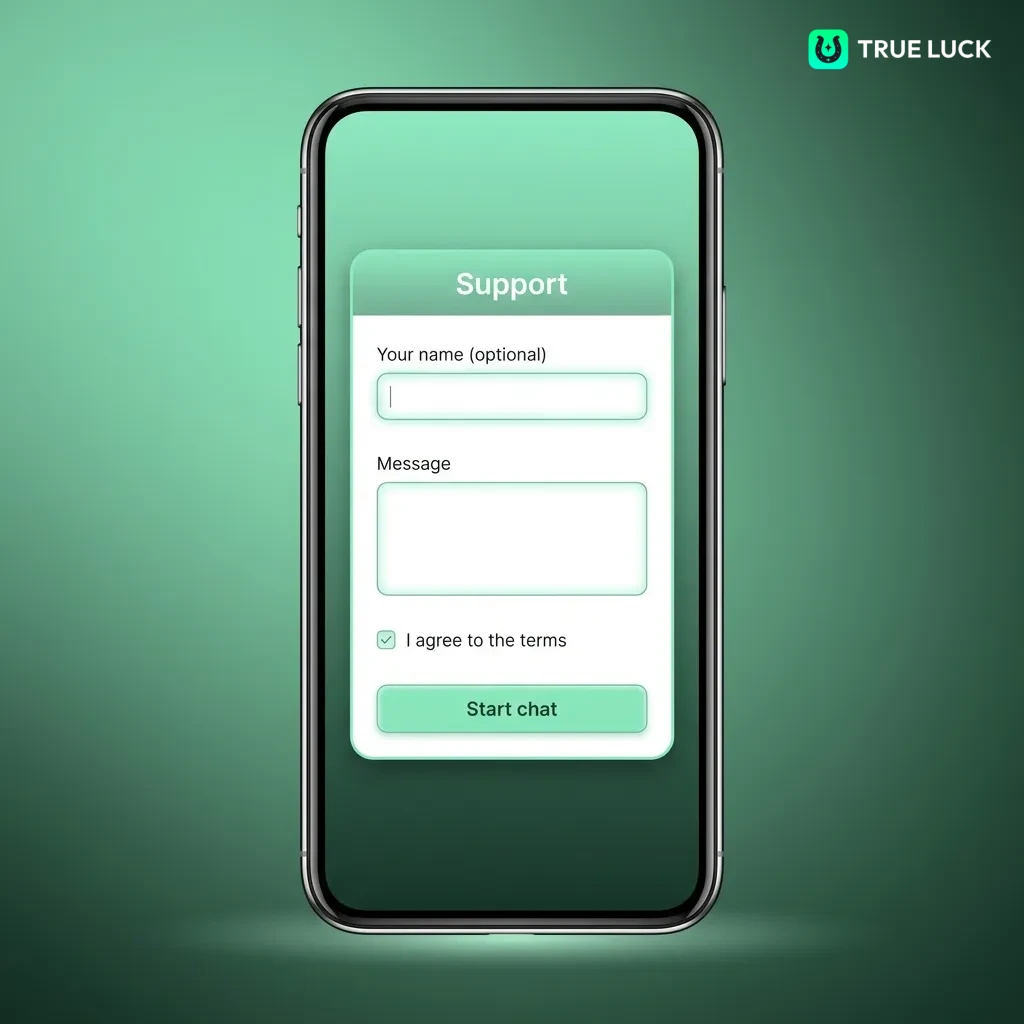 Tableau des options de service client TrueLuck 24/7 : chat en direct, email, téléphone, FAQ et réseaux sociaux