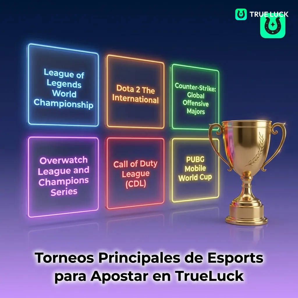 Table showing major esports tournaments for betting on TrueLuck across CS2, Dota 2, LoL, Valorant, and other popular games.