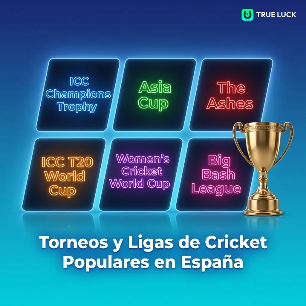 Cricket tournaments display showing ICC World Cup, T20, The Ashes, and IPL competition formats and betting options