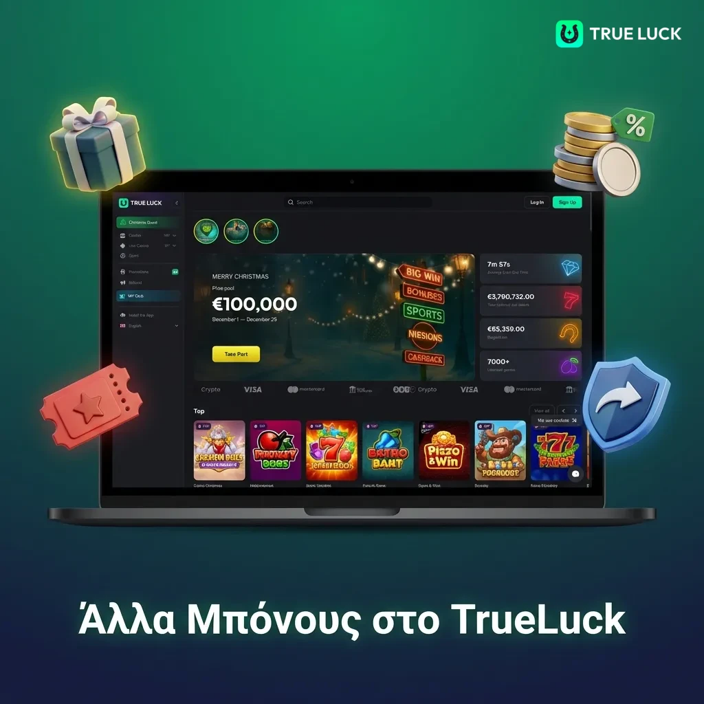 TrueLuck welcome bonus package with deposit match offers for slots, live casino, and sports betting