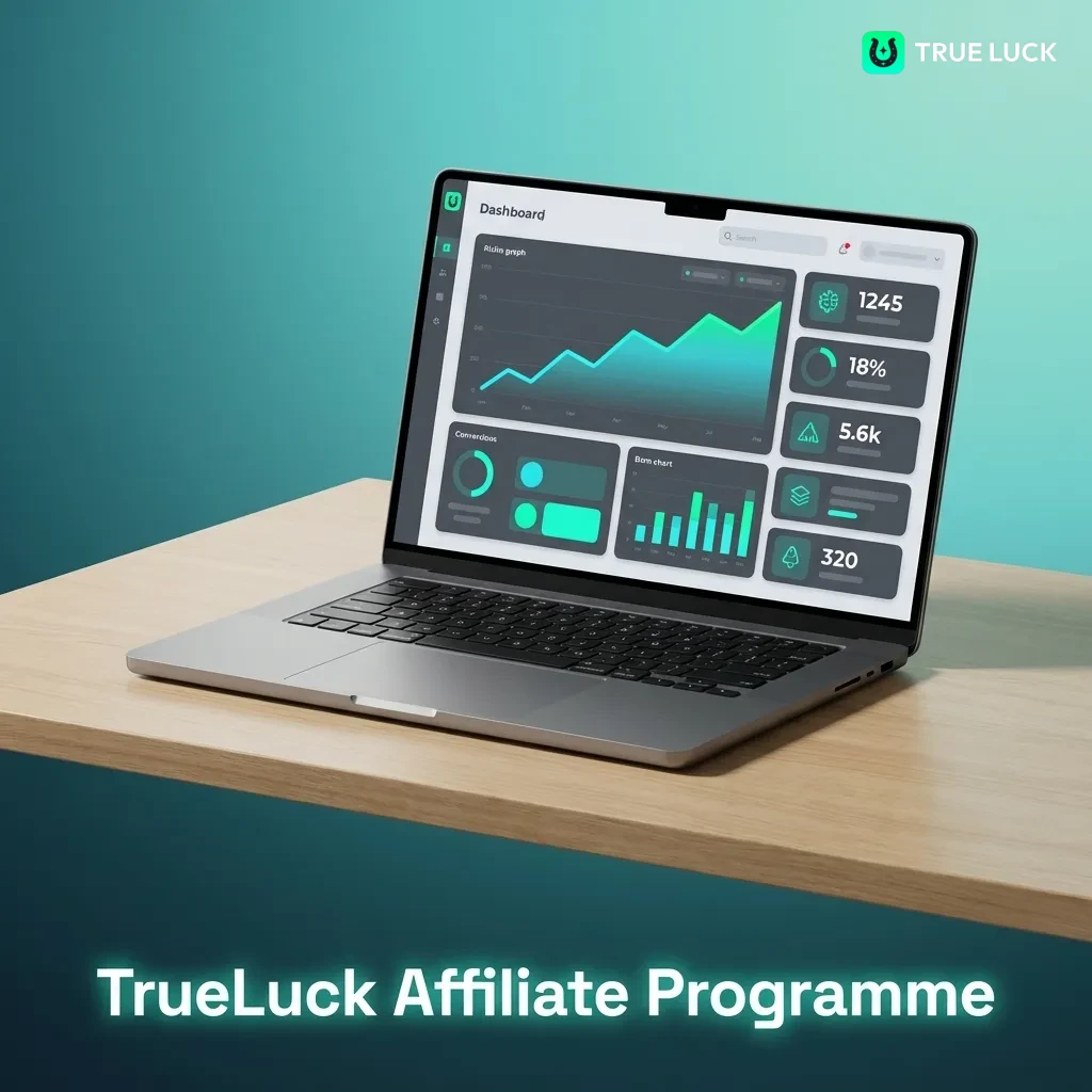 TrueLuck affiliate program dashboard showing commission rates starting at 25% and monthly payout structure for partners