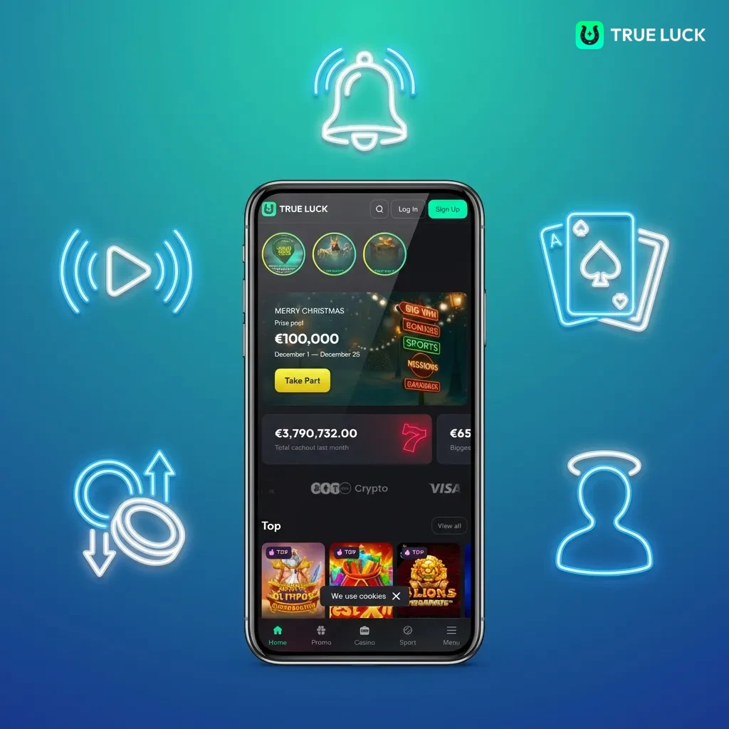TrueLuck App interface showing live betting, casino games, payment options, and user profile management features