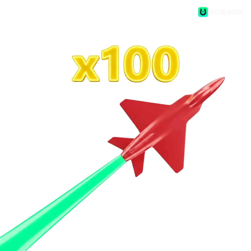 TrueLuck Aviator crash game showing multiplier climb with plane, offering up to 100x wins and generous welcome bonuses.