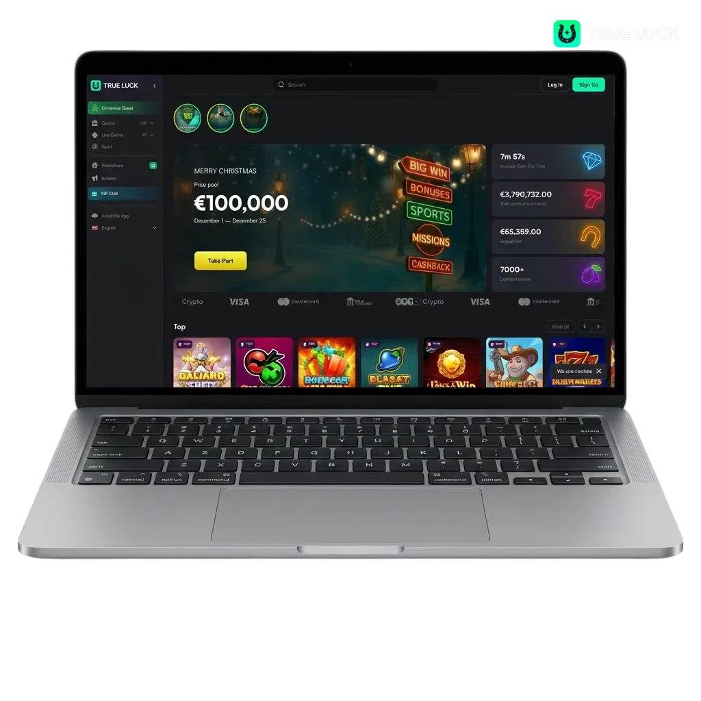 TrueLuck casino app for PC showing games like roulette, slots, and sports betting on Windows and MacOS desktop