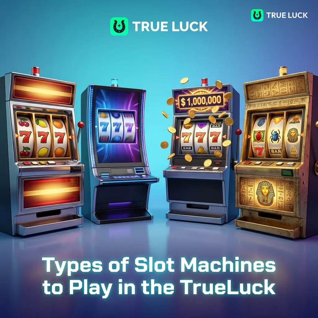 TrueLuck casino slot machine types including video slots, Megaways, jackpot, cluster pays, bonus buy, and branded games