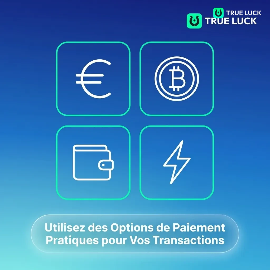 TrueLuck payment options including Visa, Mastercard, cryptocurrencies, Apple Pay, Google Pay, and e-wallets for secure transactions