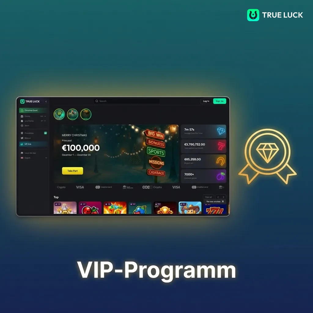TrueLuck VIP program with multiple loyalty tiers offering exclusive rewards, cashback, and personalized bonuses for players