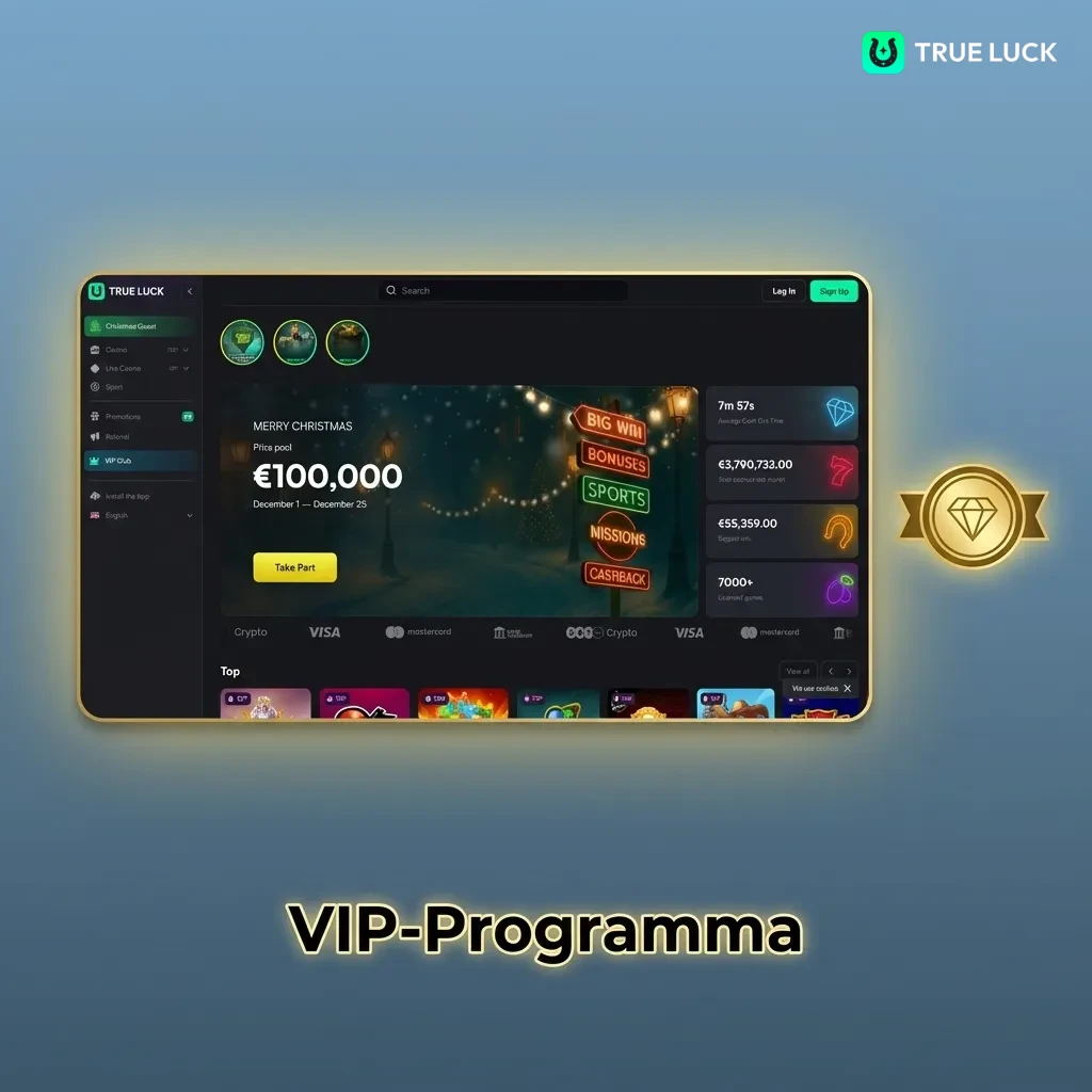 TrueLuck VIP loyalty program levels showing exclusive rewards, faster withdrawals, and bonus offers for active players