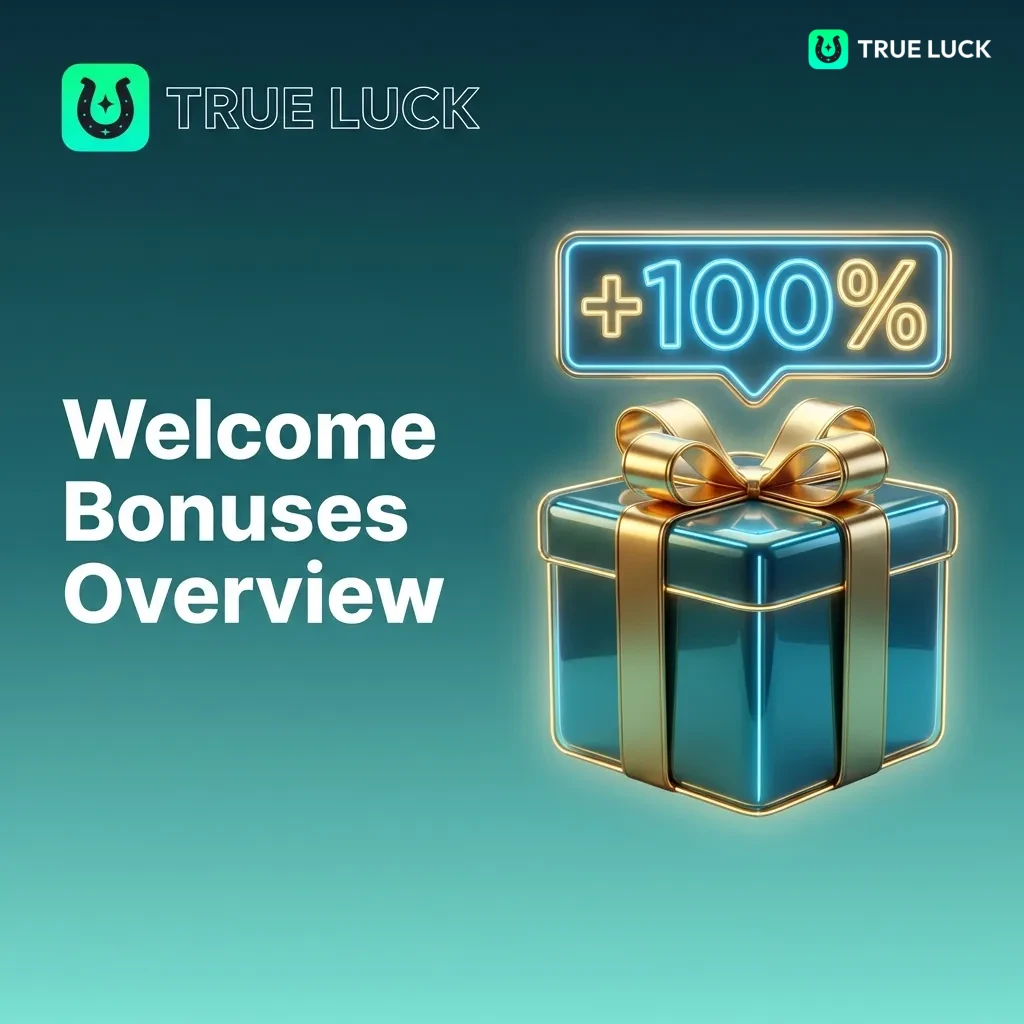 TrueLuck welcome bonuses comparison table showing three options: Slots, Live Casino, and Sports with percentages and terms