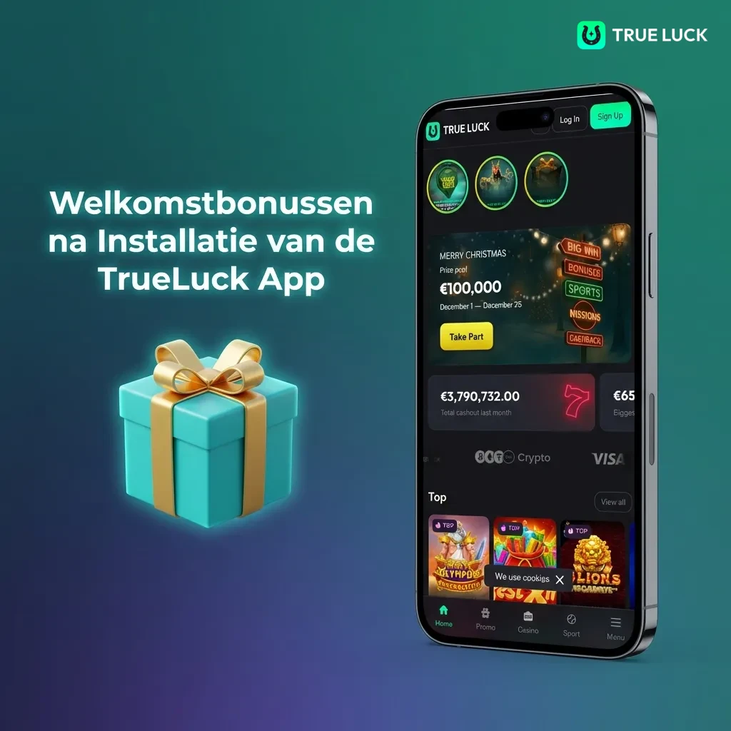 TrueLuck app welcome bonuses: casino, live casino, and sports betting options with percentages and free spins displayed